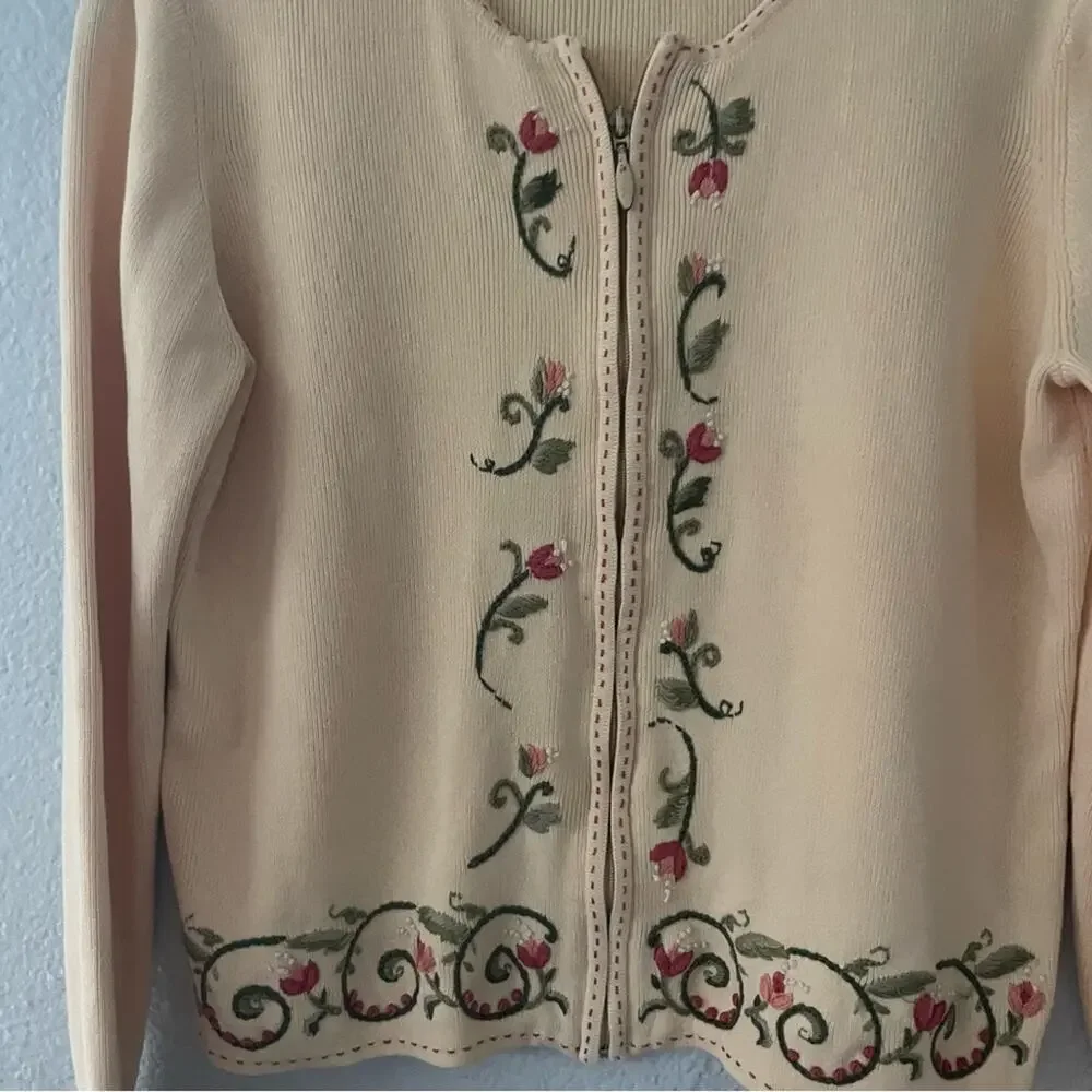 Vintage Yellow Sweater Jacket With Floral Embroidery Size small